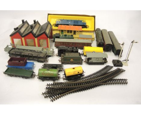 Box containing a collection of various Hornby Dublo carriage and rolling stock, Triang Hornby tender, two other tenders, and 