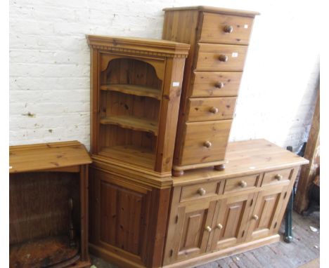 Modern pine five drawer tool chest on bun supports, similar modern pine side cabinet having three drawers and three panel doo