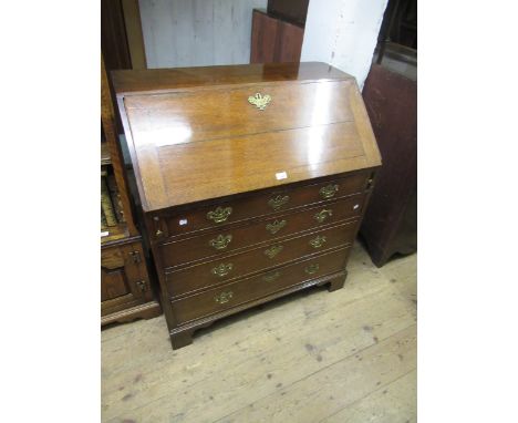 George III oak bureau, the fall front enclosing a fitted interior above graduated drawers and bracket feet, 107cm high x 96cm
