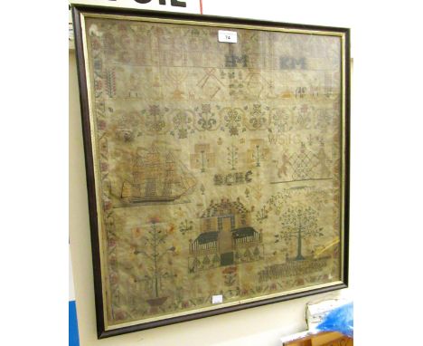 Early 19th Century pictorial sampler worked by Isabel Grub, aged 9, dated 1816, embroidered with various scenes including Ada