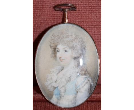 Attributed to Henry Edridge, miniature watercolour portrait of a lady on ivory, 62 x 47mm, housed in a gold frame (Ivory Self