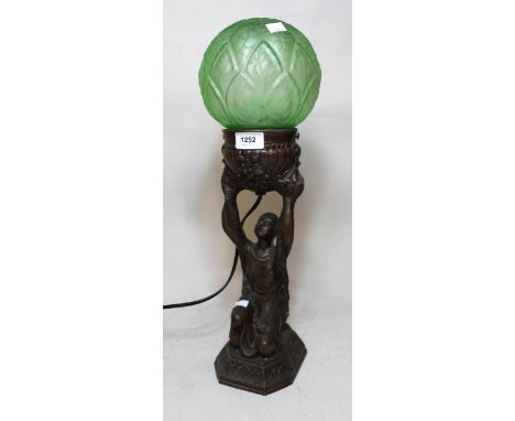 Art Deco dark patinated spelter table lamp in the form of a kneeling girl supporting a bowl with a green frosted glass shade,