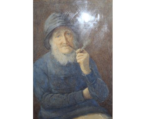 Henry Terry watercolour, portrait of a seated elderley man smoking a pipe, signed, 29cm x 19cm, gilt framed 