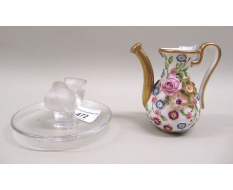 Lalique trinket dish mounted with a frosted glass figure of a bird, together with a miniature 19th Century English porcelain 