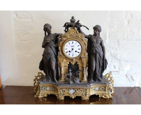 19th Century French gilt spelter and Serves style porcelain clock by Vincenti et Cie, with two female figural mounts, flankin