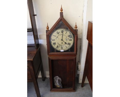 19th Century oak wall clock, the circular enamel dial inscribed ' Mitchells Tobaccos ' (at fault), with a single train moveme