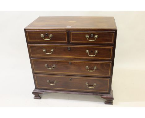George III mahogany and line inlaid straight front chest of two short and three long drawers, with brass swan neck handles, f