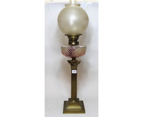 Edwardian brass Corinthian column oil lamp with cut glass well and etched glass shade 