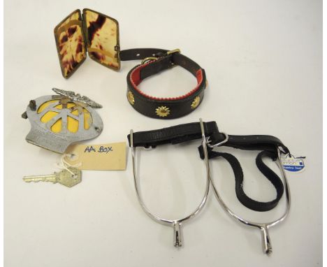 AA car badge, pair of stainless steel spurs, cigarette case, dog collar etc. 