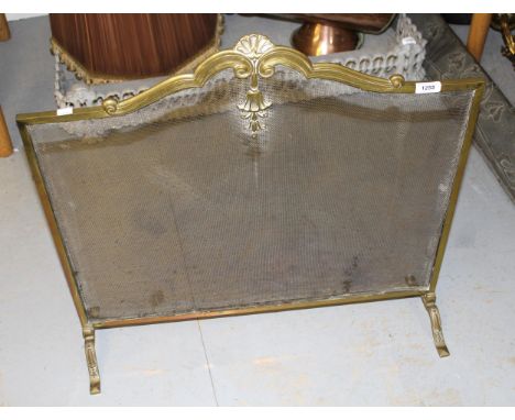 Brass wire mesh firescreen, a small quantity of fire tools and an oval brass wall mirror 