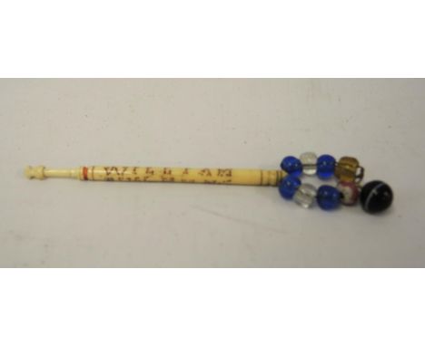 Unusual 19th Century turned bone glass bead mounted lace bobbin inscribed ' William Bull, hung 1871 ' 