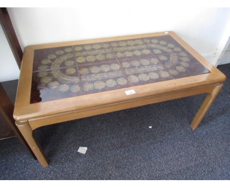 20th Century tile inset coffee table on circular chamfered supports, 41cm high x 94cm long x 52cm deepGood condition, no dama