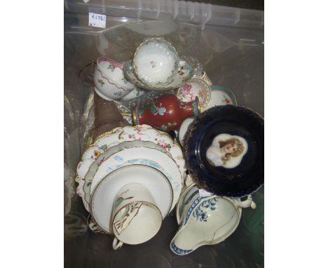 Box containing a collection of various porcelain including first period Worcester blue and white jug (at fault) and various h