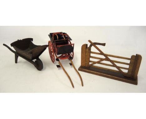Miniature oak and metal mounted scratch built model of a wooden wheel barrow, small model of an open carriage and a five bar 
