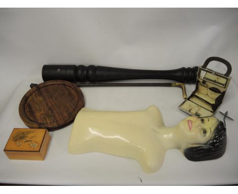 Box containing a large quantity of miscellaneous items including a 1950's display mannequin, ladies 1920's suede vanity case,