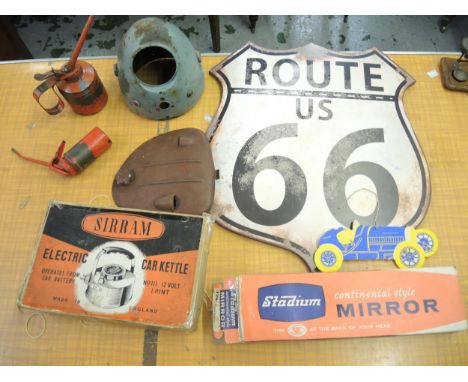 Box containing a quantity of various vintage motor trade items including metal cover, motorcycle light, boxed car kettle, oil