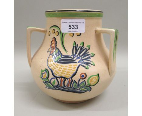 Ashtead pottery three handled vase with handpainted decoration of chickens, 17cm highFiring cracks to handles as shown in pho