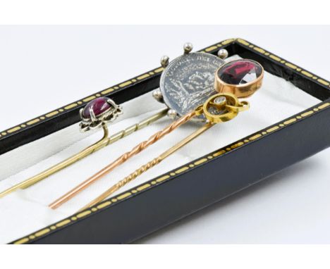 Group of four various 19th and 20th Century yellow and white metal gem stone and coin set stick pins 