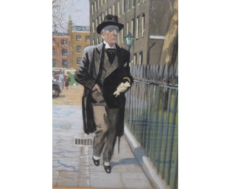 Eric Robert Parker, gouache, portrait of a smartly dressed gentleman on a London street, signed Parker, 33 x 23cm, gilt frame