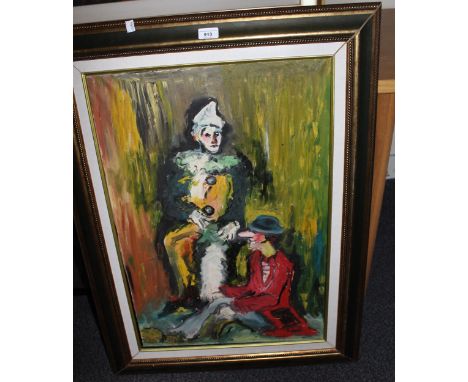 Modern oil on canvas, portrait of two clowns, signed Gallo, 73 x 50cm, together with an oil on canvas, double portrait, signe