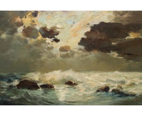 Oil on canvas laid on panel, seascape at sunset, signed Julius Olsson in ink, 25 x 35cm 