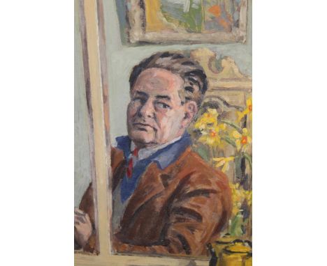 Scottish school, oil on board, portrait of an artist working by a window, 44 x 35cm 
