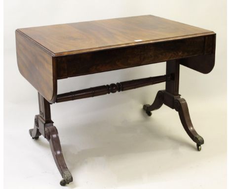 19th Century mahogany rectangular drop-leaf sofa table, the moulded top above two frieze drawers raised on rectangular moulde