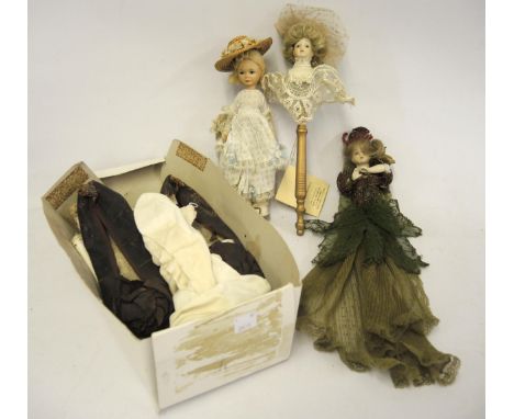 Two miniature bisque headed dolls, another porcelain doll mounted on a stick and various antique leather shoes etc 