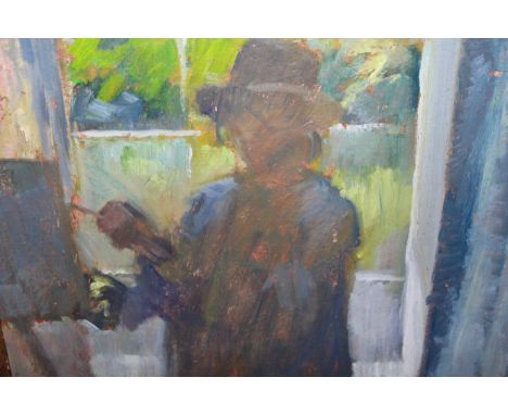 Oil on board, sketch of an artist working by a window, bearing inscription verso ' John R. Grabach, MA ', 29 x 34cm 