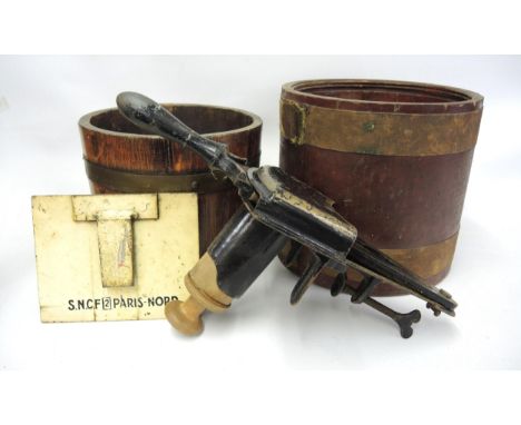 Small oak and brassbound jardiniere, another similar jardiniere, vintage marmalade cutter by Follows & Bate Ltd., and a tin p