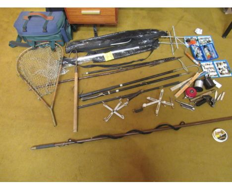 Vintage landing net, three line winders, various gaffs and a small quantity of other miscellaneous fishing tackle and accesso