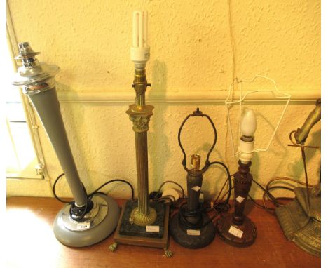 Grey painted and chrome mounted lamp base, together with modern plaster lamp base, turned wooden lamp base and a brass and ma