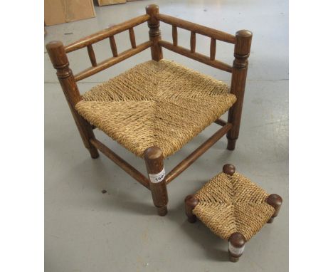 Oak spindle turned and rush seated corner chair with a matching stool, possibly salesman's sample, 