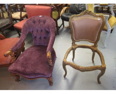 19th Century walnut drawing room armchair having a button upholstered back, barley twist arm supports and cabriole front supp