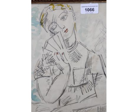 Pencil and watercolour, portrait of a young lady holding a fan, signed Planson, 29 x 22cm 