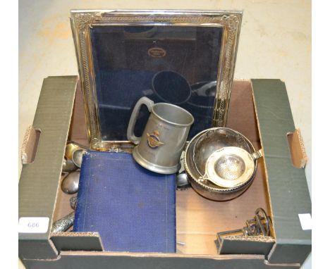 Box containing a small quantity of silver plated flatware including six silver handled tea knives, photograph frame (at fault