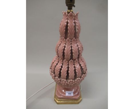 Italian pottery flower and leaf form table lamp, 43cm highVarious firing cracks as shown in photo's, small chipping to base 