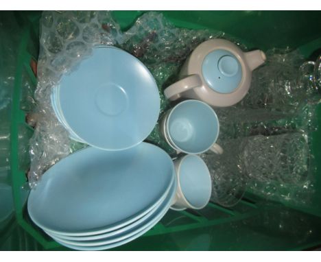 Poole pottery coffee set and a Stuart crystal decanter with four glasses 