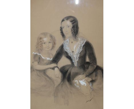 Mid 19th Century rosewood framed charcoal drawing heightened with white, portrait of a mother and child, 42 x 32cm 
