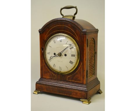 Barraud, London, George III mahogany and boxwood line inlaid bracket clock, the brass loop handle above a dome top and moulde