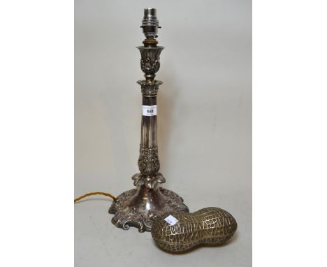 Heavy silver plated column form table lamp base and a silver plated box in the form of a peanut 