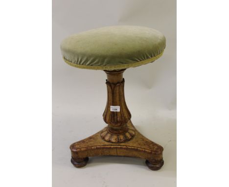 Victorian birds eye maple swivel music stool on triform baseThe winding mechanism has worn so the stool does not rise and fal