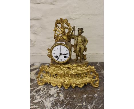 19th Century French gilded spelter figural mantel clock, the enamel dial with Roman numerals and two train movement, 35cm hig