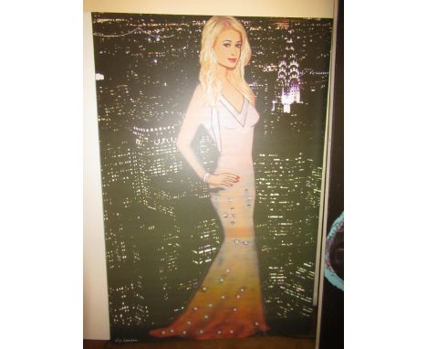 Liz London, large giclee and sequinned portrait, possibly Paris Hilton in an evening dress, 182 x 121cm 
