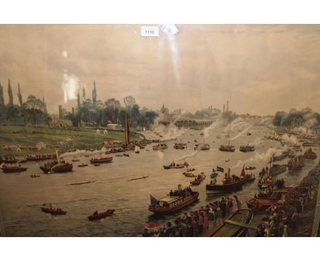 Late 19th / early 20th Century coloured lithograph of Oxford versus Cambridge boat race, with various shipping in attendance,