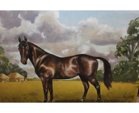Two unframed oils on canvas, portrait of a horse signed David Rook, and study of a woodland lake signed David Mead, largest 4