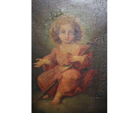 18th / 19th Century oil on canvas, portrait of the infant, John the Baptist, holding a cross, 32 x 24cm (old re-line) 