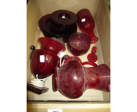 Large quantity of 19th and early 20th Century red glass drinking glasses, plates, lamp base, jug, decanter etc. 