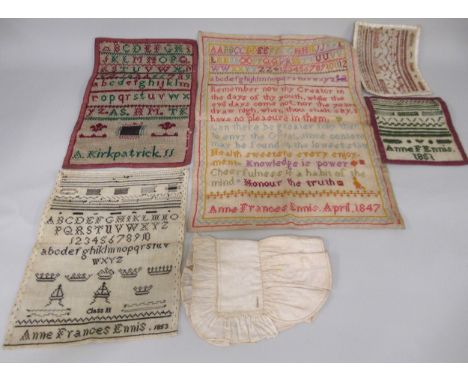 Unframed Victorian sampler signed Anne Francis Ennis, April 1847, 40 x 30cm approximately, together with two other similar, s
