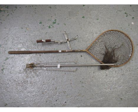 Two vintage landing nets (one by Hardy), a line winder and sundries 